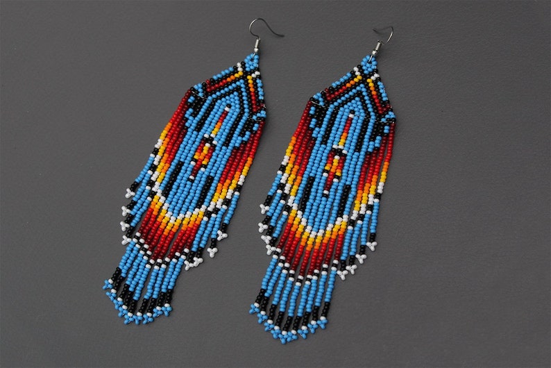 Blue Native American Beaded Earrings, Large Dangle Seed Bead Earrings ...