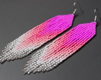 Beaded earrings, long earrings, native earrings, seed bead earrings, hot pink chandelier earring,fringe earrings, from pink to crystal