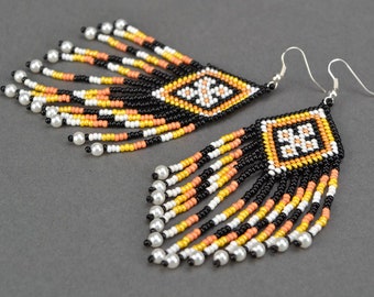 Geometric Beaded Dangle Earrings, Tribal Aztec Style