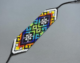 Handmade Huichol Seed Bead Bracelet, Geometric Tribal Cuff