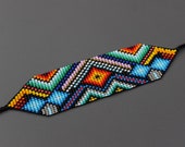 Geometric Huichol Bracelet, Tribal Geometric Bracelet, Beaded Cuff Bracelet, Native Beaded Bracelet, Seed Bead Bracelet, Authentic
