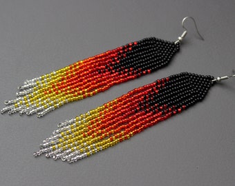 Fire red beaded earrings Fringe earrings Long earrings Native earrings Seed bead earring Red chandelier earring Beadwork earring Dangle