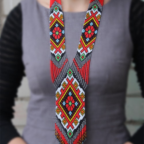 Ethnic woven beaded necklace Gerdan with national Ukrainian pattern in traditional Ukrainian colors, seed bead pendant,