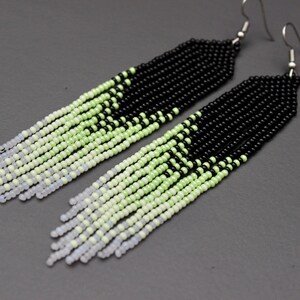 Black green beaded earrings Long earrings Seed bead earrings Chandelier earring Boho earrings Beadwork Dangle earrings Fringe earrings