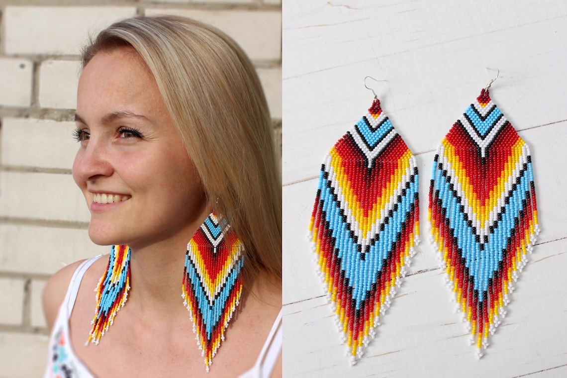 Boho Tribal Earrings Beaded Earrings Aztec Earrings Pyramid Etsy