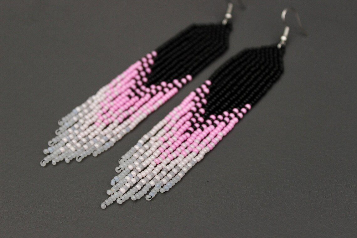 Rose Beaded Earrings Long Earrings Pastel Earrings Seed Bead Etsy