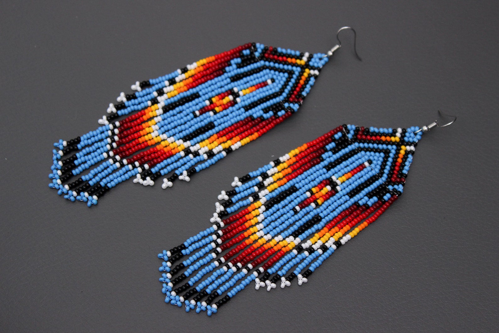 Blue Native American Beaded Earrings, Large Dangle Seed Bead Earrings ...