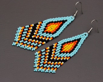 Turquoise beaded earrings Fringe earrings Long earrings Native earrings Seed bead earring Blue chandelier earring Beadwork earring Dangle