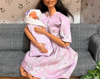 Lila and Lavender - Breastfeeding Doll Set / Mother and Baby doll set / Barbie Repaint / Art Doll