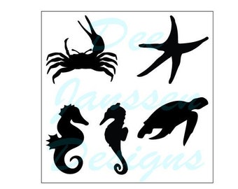 May include: Silhouettes of a crab, starfish, seahorse, and turtle. The images are black against a white background.