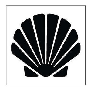 May include: A black silhouette of a seashell with a ribbed texture.