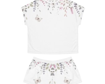 Conjunto de pijama curto floral feminino | Pijamas aconchegantes, roupas de dormir fofas, estampa de borboleta, noites de verão, presente para ela