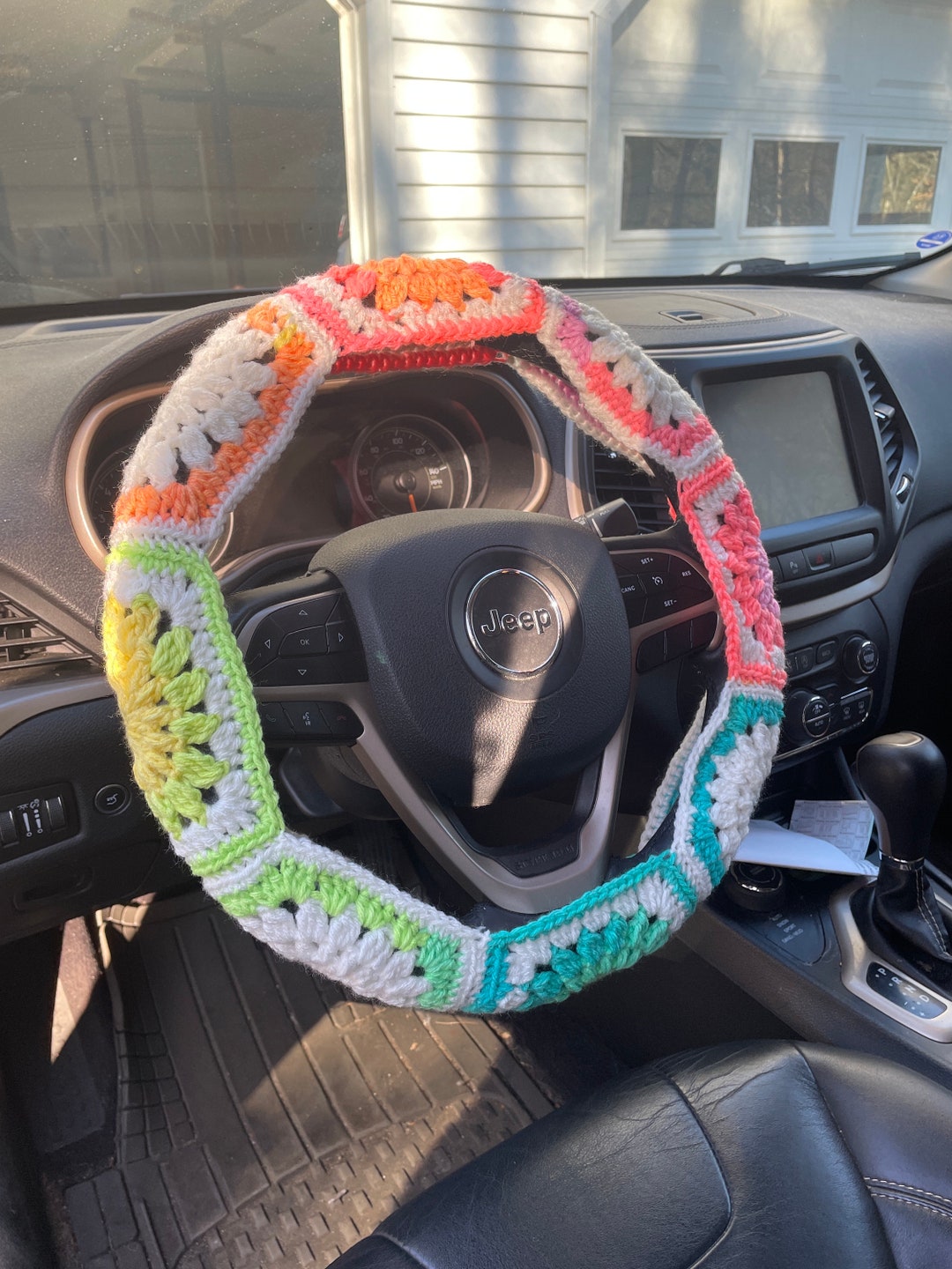 Handmade Crochet Granny Square Steering Wheel Cover, All Season, Car