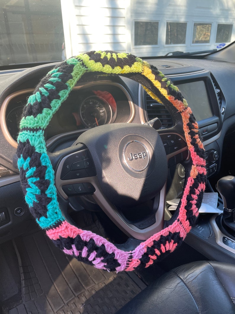 Handmade Crochet Granny Square Steering Wheel Cover, All Season, Car