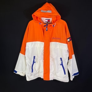 Vintage 90s Tommy Hilfiger Sailing Gear Windbreaker, Reflective Orange & White, Large