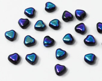 6mm Czech Glass Hearts - Jet AB Black Blue Iris x 20