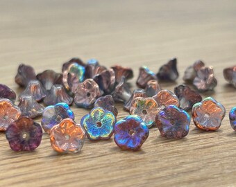 Czech Glass Flower Beads - Crystal Copper Rainbow x 20