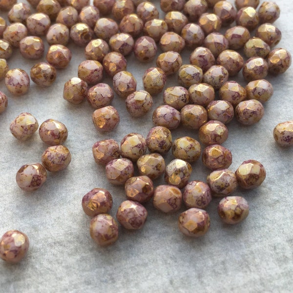 4mm Chalk White Lila Gold Lustre | Fire Polished Czech Glass Beads | 50 Pcs