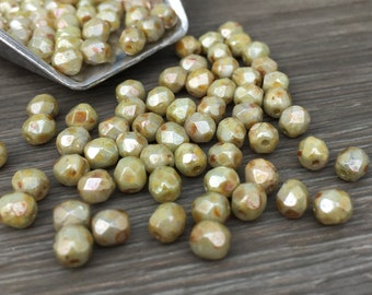 4mm Chalk White Green Lustre | Fire Polished Czech Glass Beads | 50 Pcs