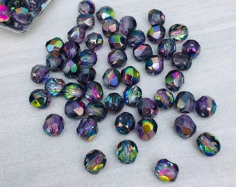 6mm Crystal Magic Purple | Fire Polished Czech Glass Beads | 25 Pcs