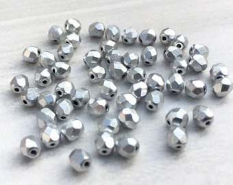 4mm Aluminium Silver | Fire Polished Czech Glass Beads | 50 Pcs