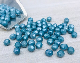 4mm Chalk White Baby Blue Lustre | Fire Polished Czech Glass Beads | 50 Pcs