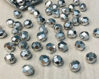 6mm Labrador Full Coat | Metallic Silver Mirror | Fire Polished Czech Glass Beads | 50 Pcs