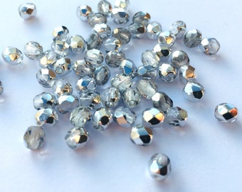 4mm Crystal Labrador Silver Metallic | Fire Polished Czech Glass Beads | 50 Pcs
