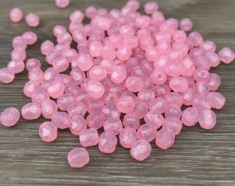 4mm Light Pink Cloudy | Milky Pink | Fire Polished Czech Glass Beads | 50 Pcs