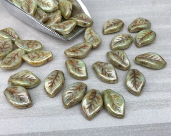 Czech Glass Leaf Beads - Chalk White Green Lustre x 20