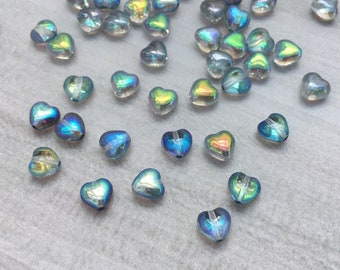 6mm Czech Glass Hearts - Crystal Blue Rainbow x 20