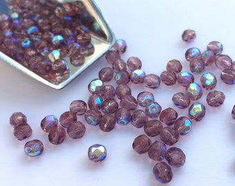 4mm Amethyst AB | Fire Polished Czech Glass Beads | 50 Pcs