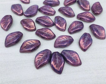 Czech Glass Leaf Beads - Chalk White Lila Vega Lustre Purple Gold x 20