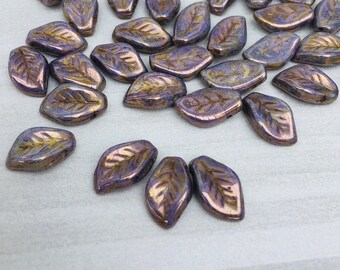 Czech Glass Leaf Beads - Chalk White Purple Gold Lustre x 20