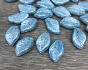 Czech Glass Leaf Beads - Chalk White Baby Blue Lustre x 20