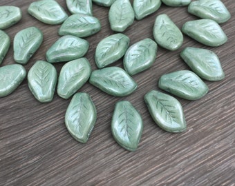 Czech Glass Leaf Beads - Chalk White Teal Green Lustre x 20