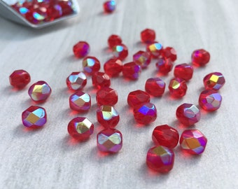 6mm Bright Scarlet Red AB | Fire Polished Czech Glass Beads | 50 Pcs