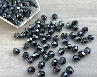 Jet d'hématite de 4 mm | Perles de verre tchèques polies au feu | 50 pièces