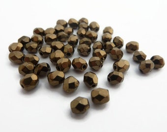 4mm Metallic Coated Bronze | Fire Polished Czech Glass Beads | 50 Pcs