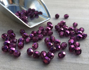 4mm Crystal Amethyst Metallic Ice | Fire Polished Czech Glass Beads | 50 Pcs