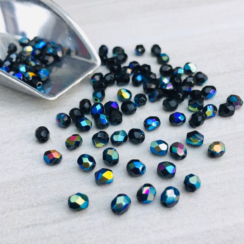 4mm Jet Black AB Fire Polished Czech Glass Beads 50 Pcs image 2