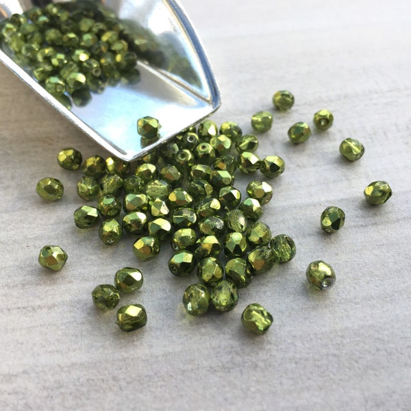 4mm Crystal Olive Green Metallic Ice | Fire Polished Czech Glass Beads | 50 Pcs