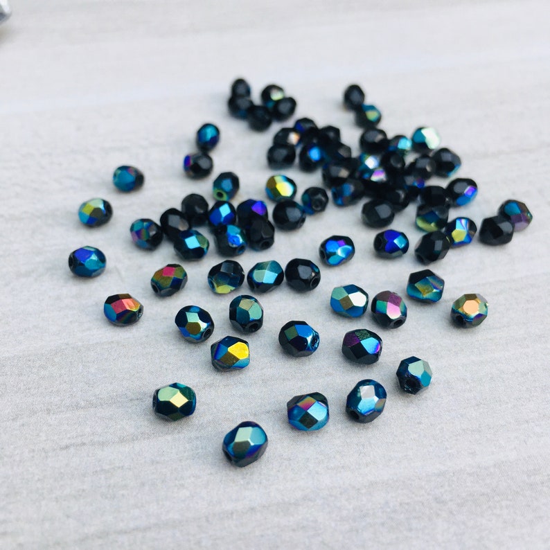 4mm Jet Black AB Fire Polished Czech Glass Beads 50 Pcs image 4