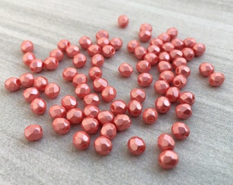 4mm Alabaster Pastel Light Coral | Fire Polished Czech Glass Beads | 50 Pcs