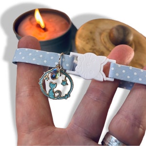 Cat Breakaway Safety Collar in beautiful Pastel blue with polka dots and raindrop and cat charm
