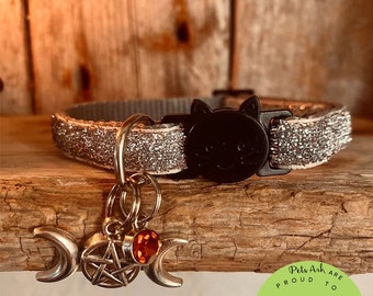 White Witch Breakaway Wiccan Cat Collar with Triple Goddess Charm & Gemstone ( all year round use but great for Halloween)