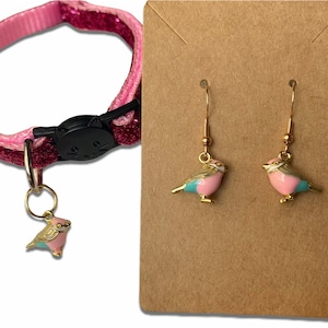 Katzenhalsband mit Pink Song Bird Charm & passenden Ohrringen mit 925 Silber Ohrringen-