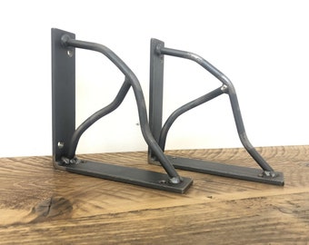 Rustic industrial shelf brackets bespoke design clear lacquered for protection 1 pair