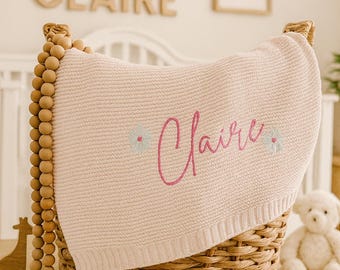 Flower Embroidered Baby Blanket, Soft Cotton Knit Baby Blanket, Personalized Knitted Baby Name Blanket, Baby Shower Gift, Newborn Keepsake