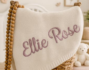 Geborduurd babydeken, zacht katoenen gebreide babydeken, gepersonaliseerd gebreide babynaamdeken, babyshowercadeau, pasgeboren aandenken cadeau
